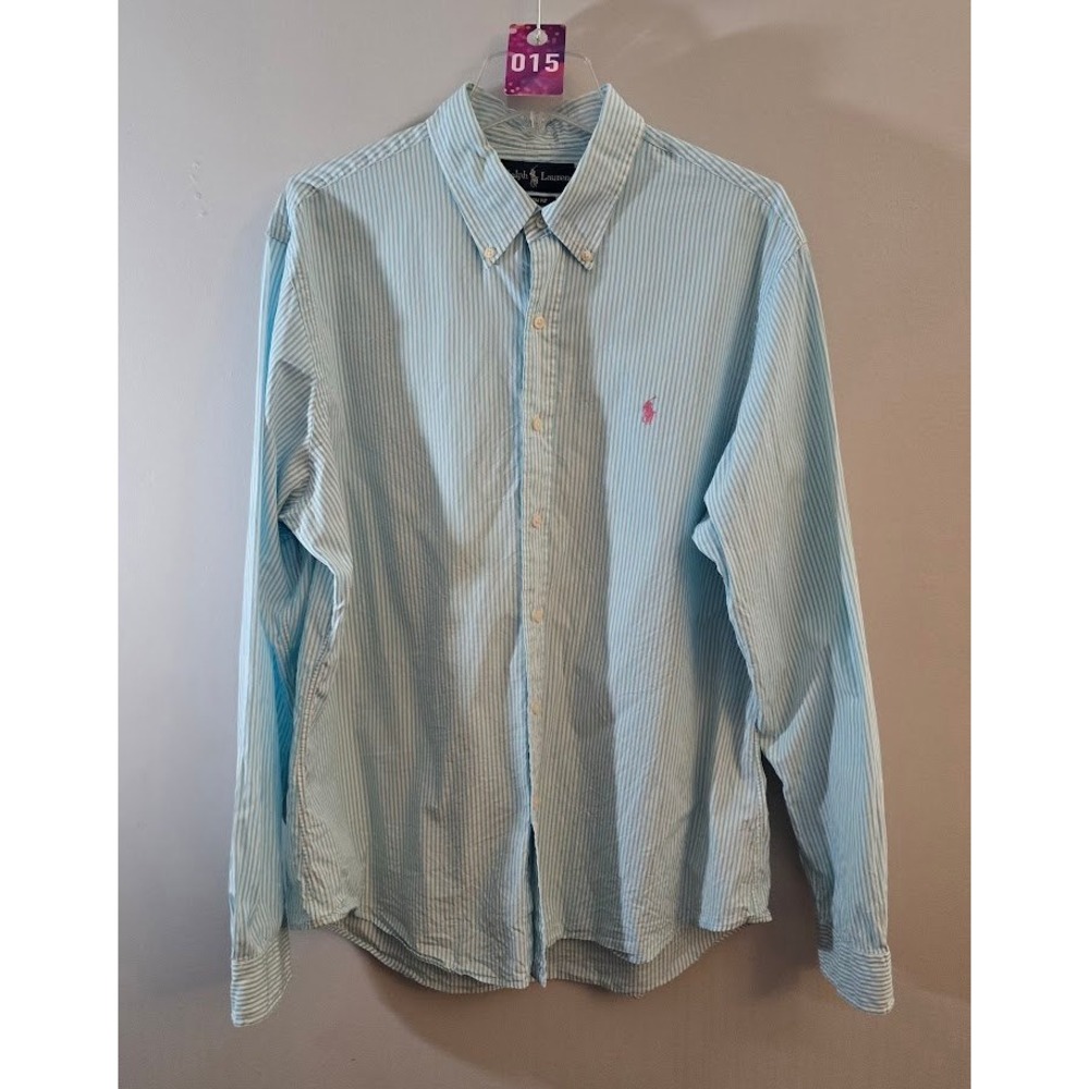 Ralph Lauren Mens Button Up Shirt Blue White Striped Custom Fit 100% Cotton XL
